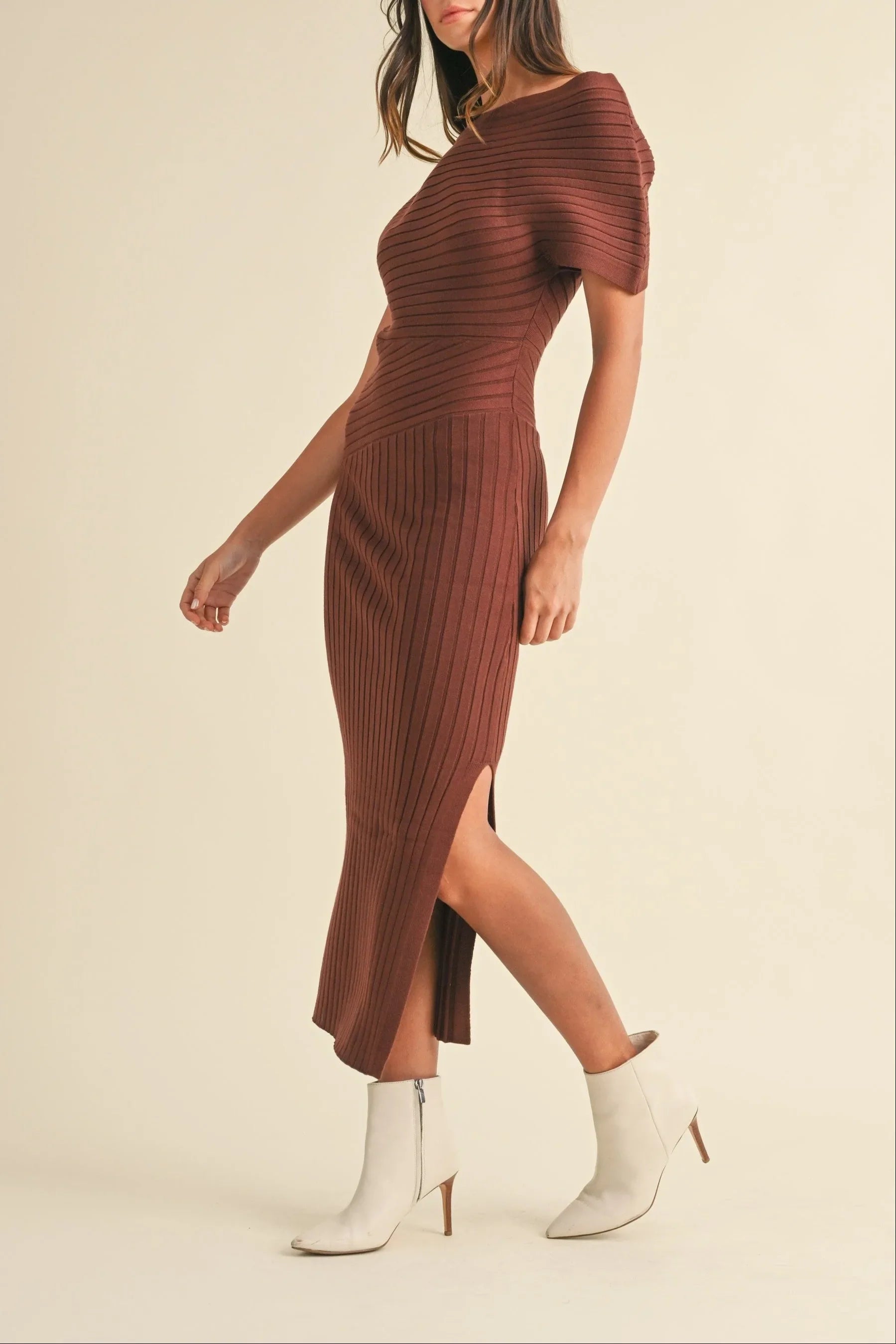 One Shoulder Off-Shoulder Ribbed Knit Side Slit Midi Dress — Sexy Elegant Statement Style - Midi Dresses