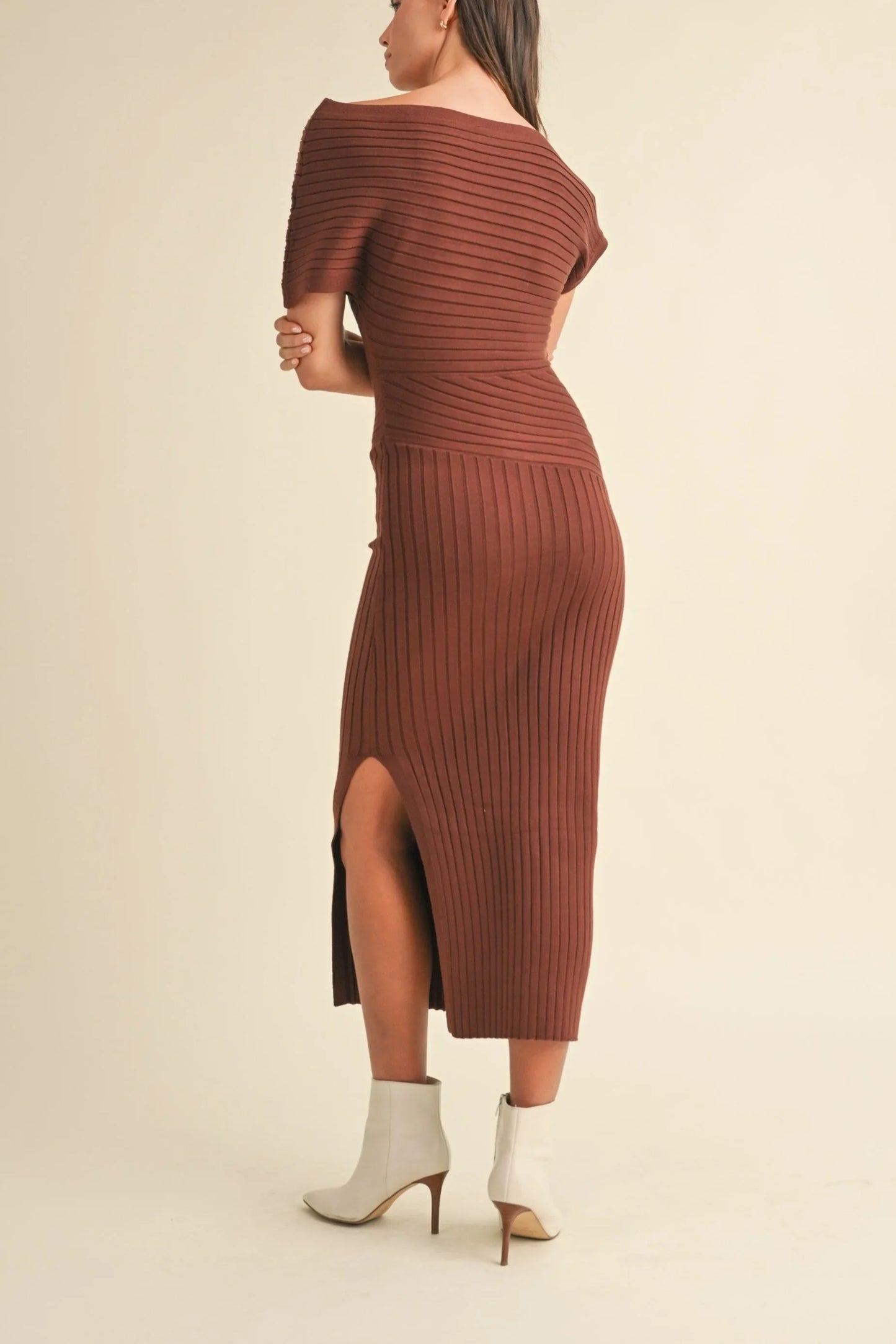 One Shoulder Off-Shoulder Ribbed Knit Side Slit Midi Dress — Sexy Elegant Statement Style - Midi Dresses