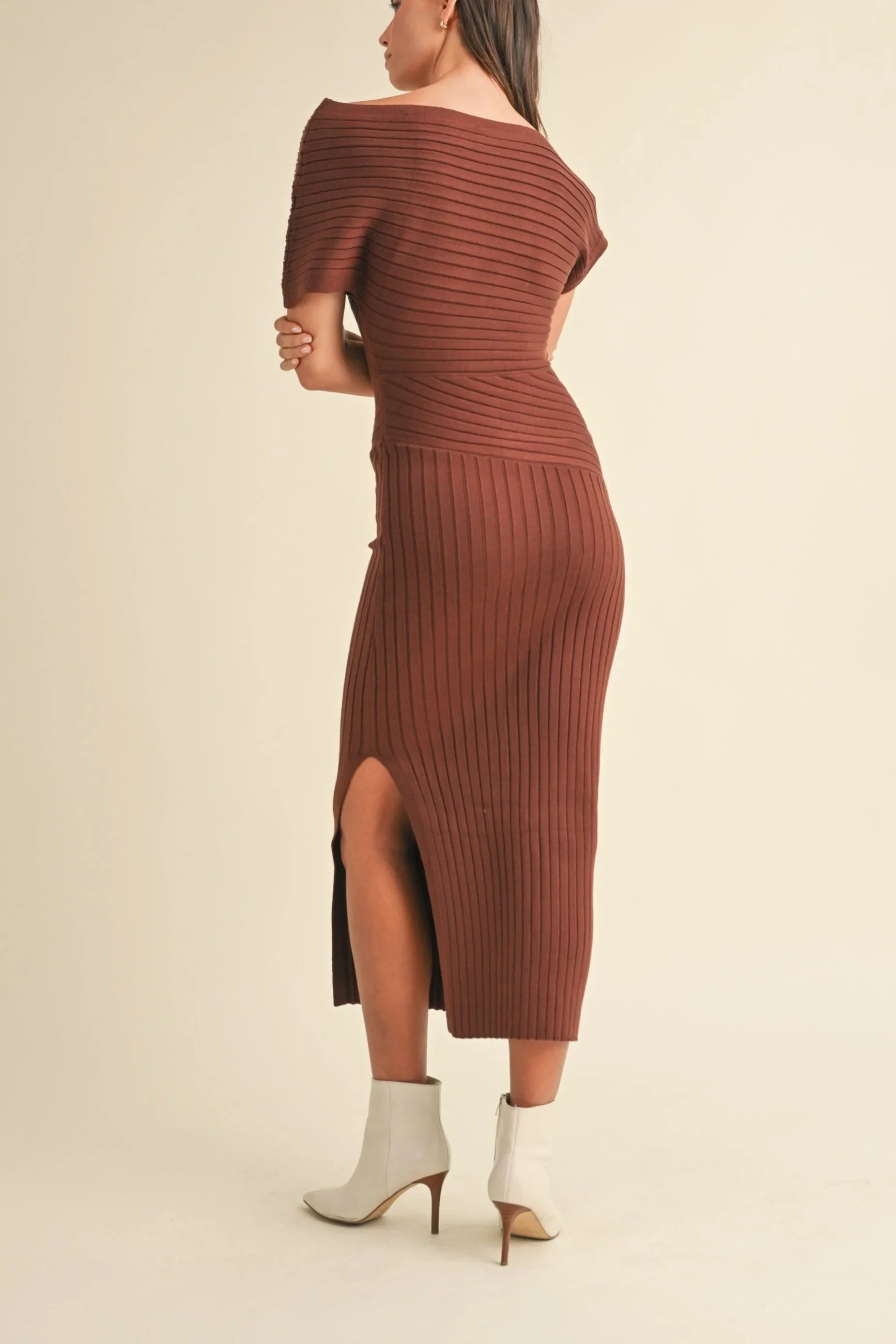 One Shoulder Off-Shoulder Ribbed Knit Side Slit Midi Dress — Sexy Elegant Statement Style - Midi Dresses