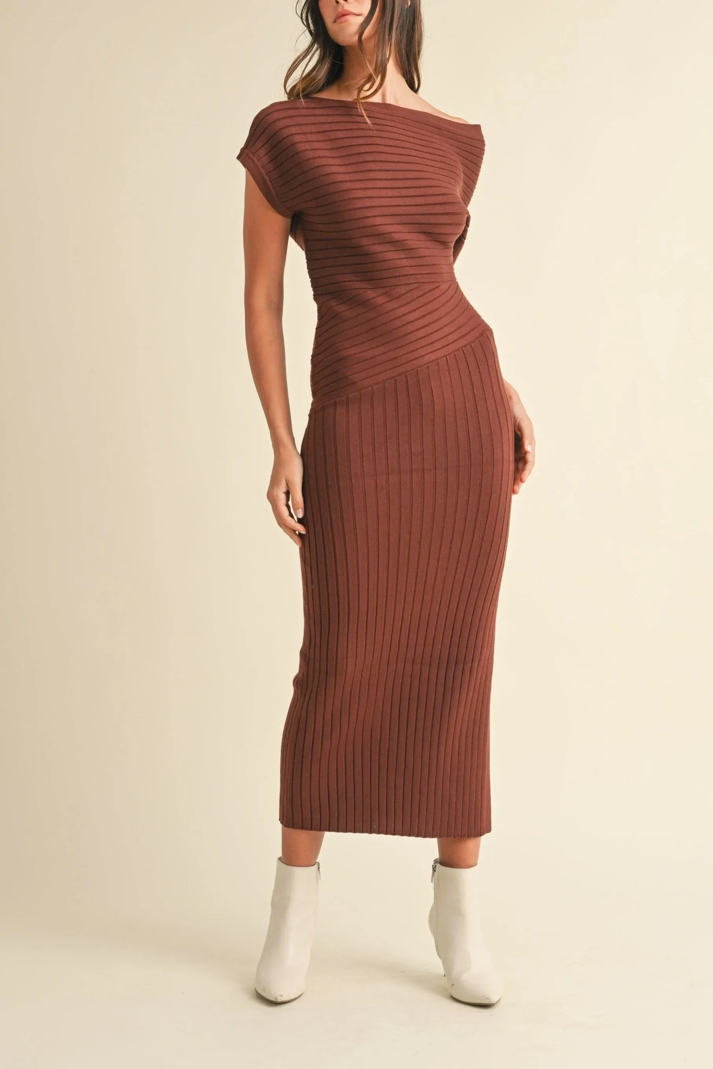 One Shoulder Off-Shoulder Ribbed Knit Side Slit Midi Dress — Sexy Elegant Statement Style - Midi Dresses