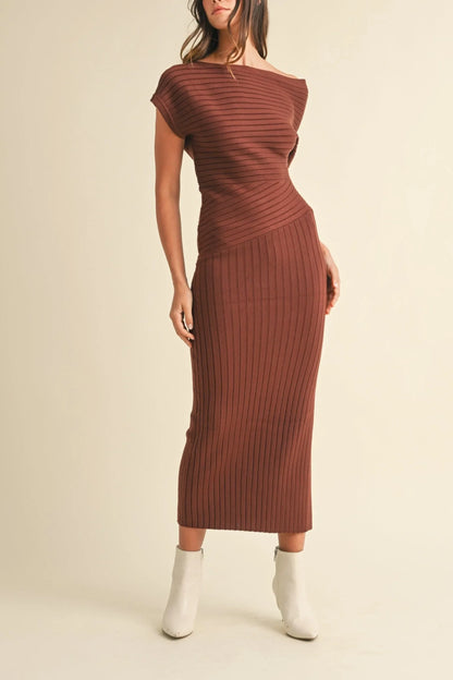 One Shoulder Off-Shoulder Ribbed Knit Side Slit Midi Dress — Sexy Elegant Statement Style - Midi Dresses
