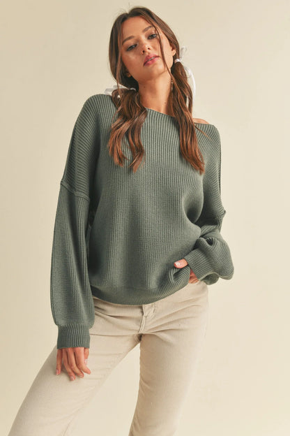 Boatneck Bubble Sleeve Ribbed Relaxed Fit Sweater — Cozy Statement Piece Stylish Everyday Style - Sweaters