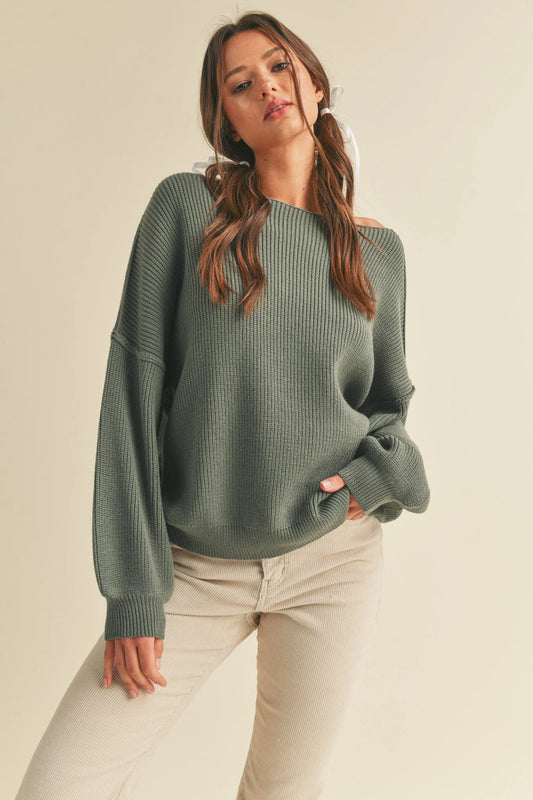 Boatneck Bubble Sleeve Ribbed Relaxed Fit Sweater — Cozy Statement Piece Stylish Everyday Style