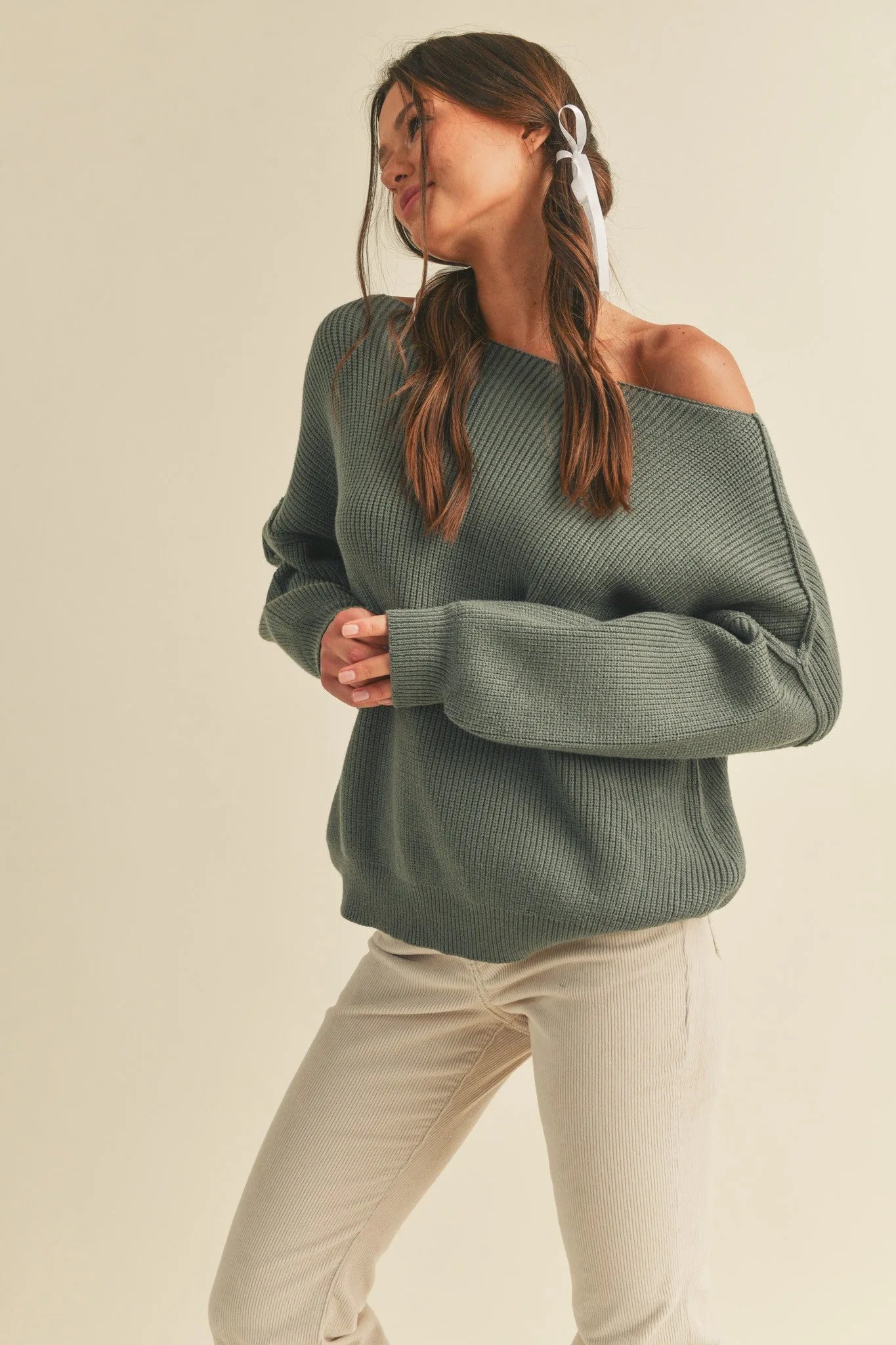 Boatneck Bubble Sleeve Ribbed Relaxed Fit Sweater — Cozy Statement Piece Stylish Everyday Style - Basil Sweaters
