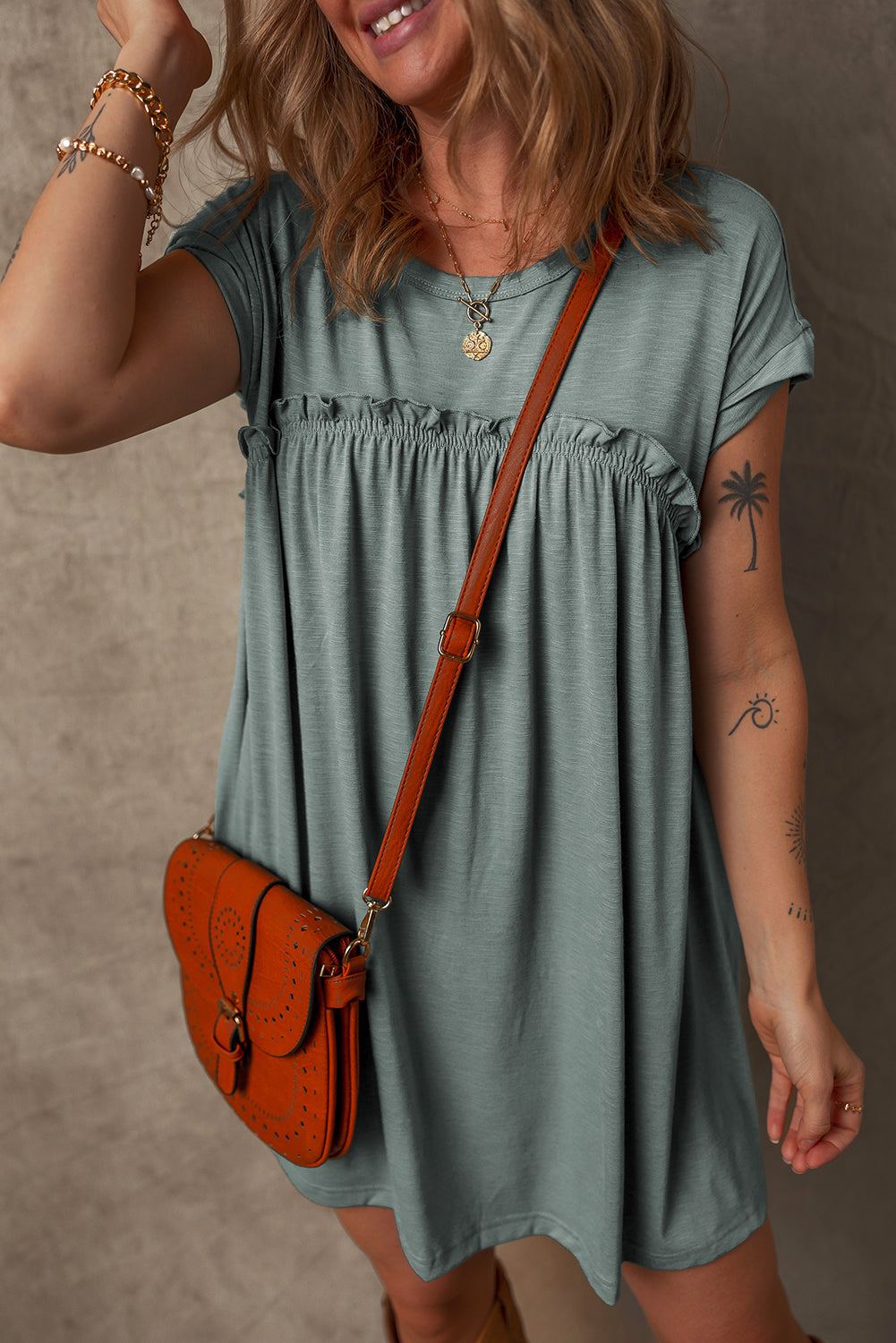 Gathered Seam Solid Casual T-Shirt Dress — Feminine Flowy Everyday Style - T Shirt Dresses