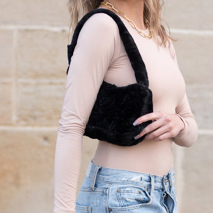 Faux Fur Plush Mini Shoulder Bag — Gold Hardware Top Zip Closure - Black Shoulder Bags