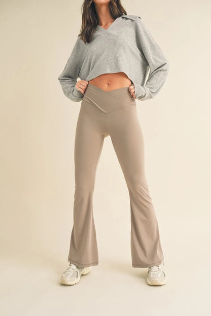 Crossover Waist Flare Leg Butter-Soft Active Leggings — Second-Skin Fit Playful Athletic Style - Taupe Active Leggings