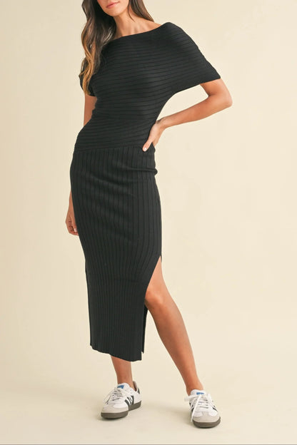 One Shoulder Off-Shoulder Ribbed Knit Side Slit Midi Dress — Sexy Elegant Statement Style