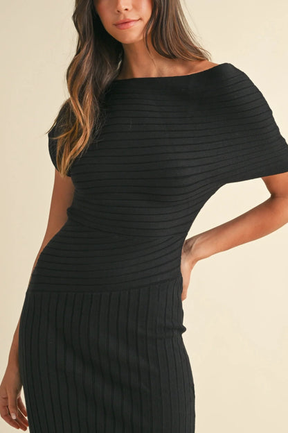 One Shoulder Off-Shoulder Ribbed Knit Side Slit Midi Dress — Sexy Elegant Statement Style Black
