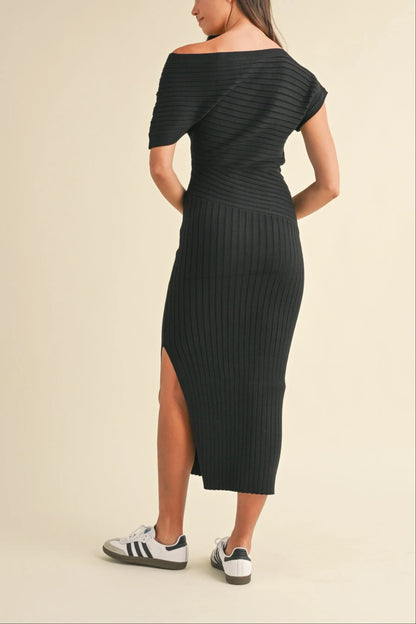 One Shoulder Off-Shoulder Ribbed Knit Side Slit Midi Dress — Sexy Elegant Statement Style
