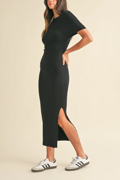 One Shoulder Off-Shoulder Ribbed Knit Side Slit Midi Dress — Sexy Elegant Statement Style - Midi Dresses