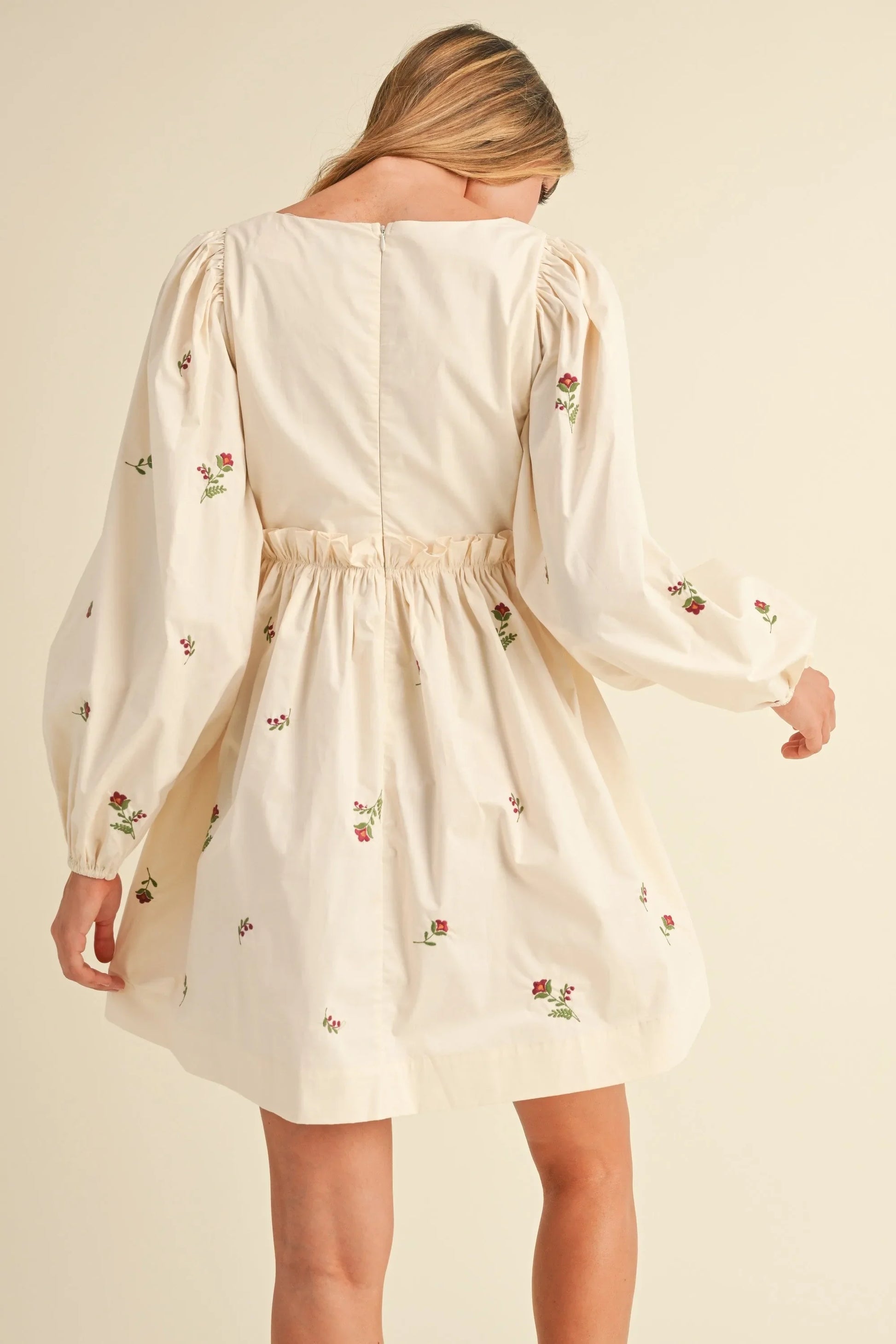 Floral Embroidered Long Sleeve Poplin Babydoll Mini Dress — Delicate Bloom Feminine Style - Mini Dresses