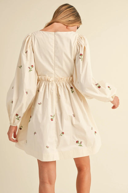 Floral Embroidered Long Sleeve Poplin Babydoll Mini Dress — Delicate Bloom Feminine Style - Mini Dresses
