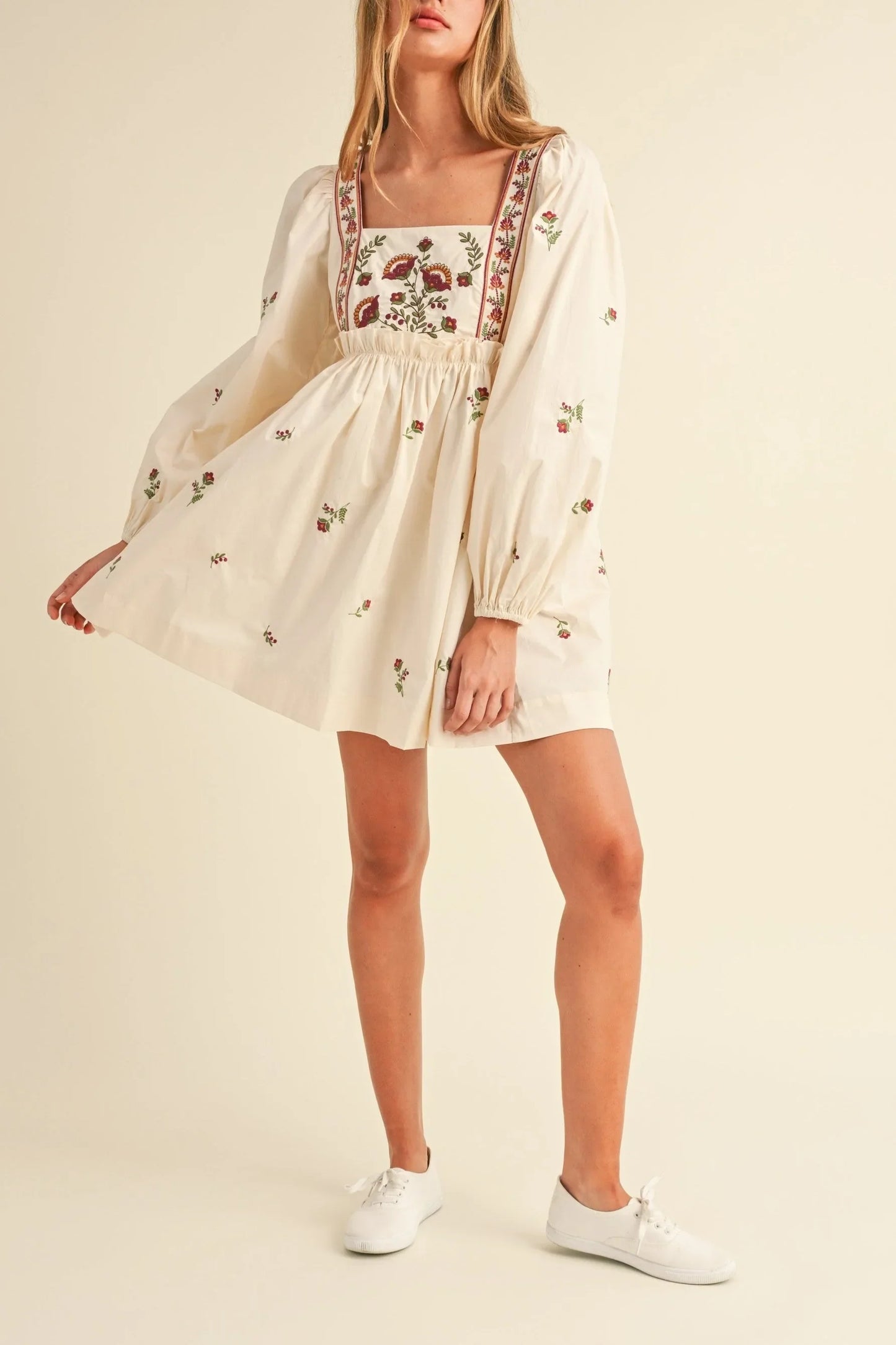 Floral Embroidered Long Sleeve Poplin Babydoll Mini Dress — Delicate Bloom Feminine Style - Taupe Mini Dresses