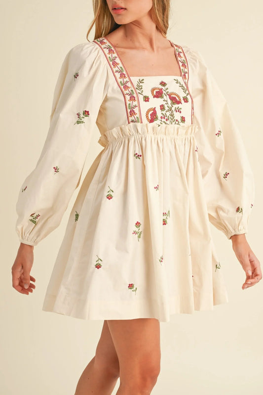 Floral Embroidered Long Sleeve Poplin Babydoll Mini Dress — Delicate Bloom Feminine Style