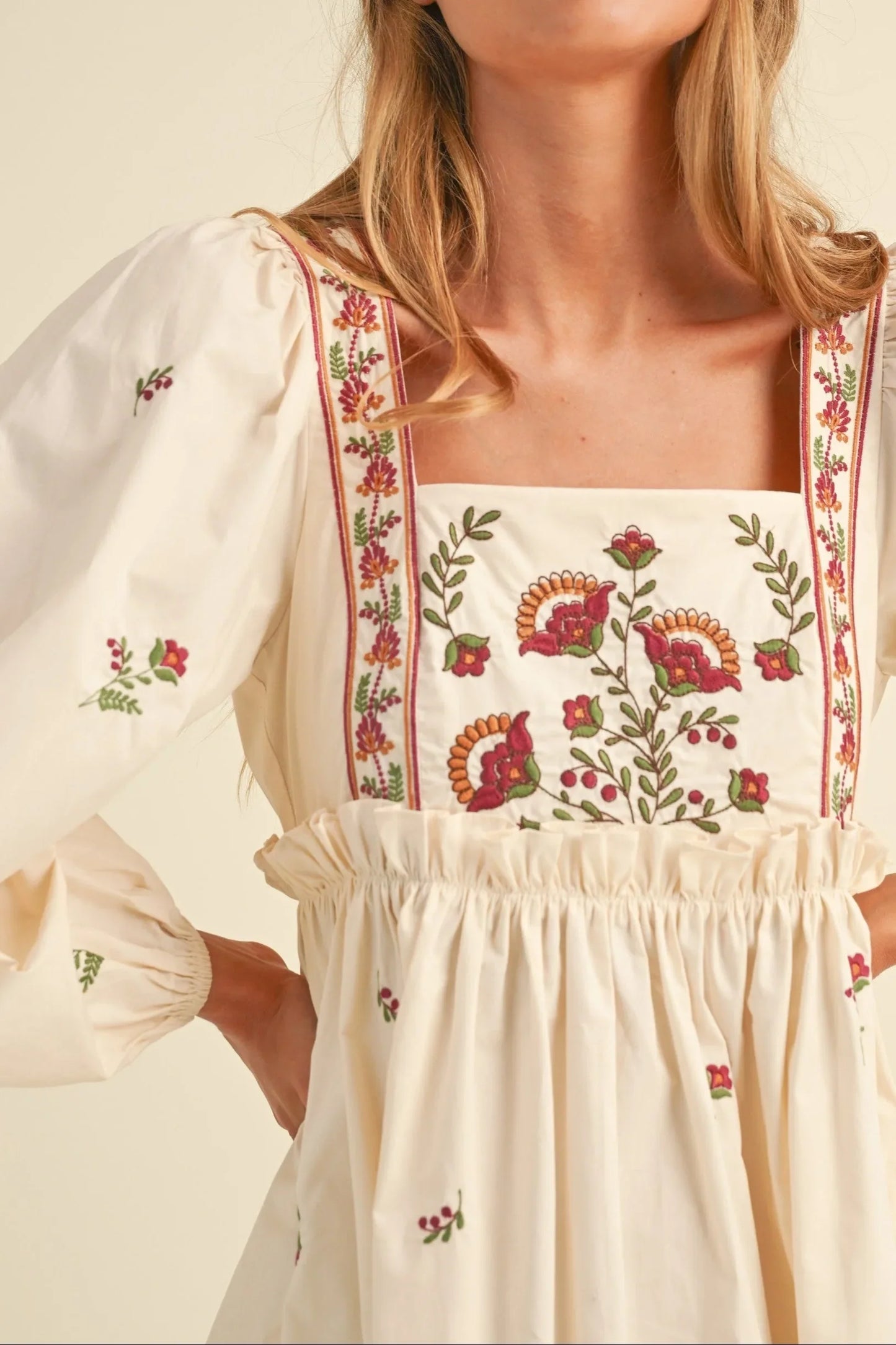 Floral Embroidered Long Sleeve Poplin Babydoll Mini Dress — Delicate Bloom Feminine Style - Mini Dresses