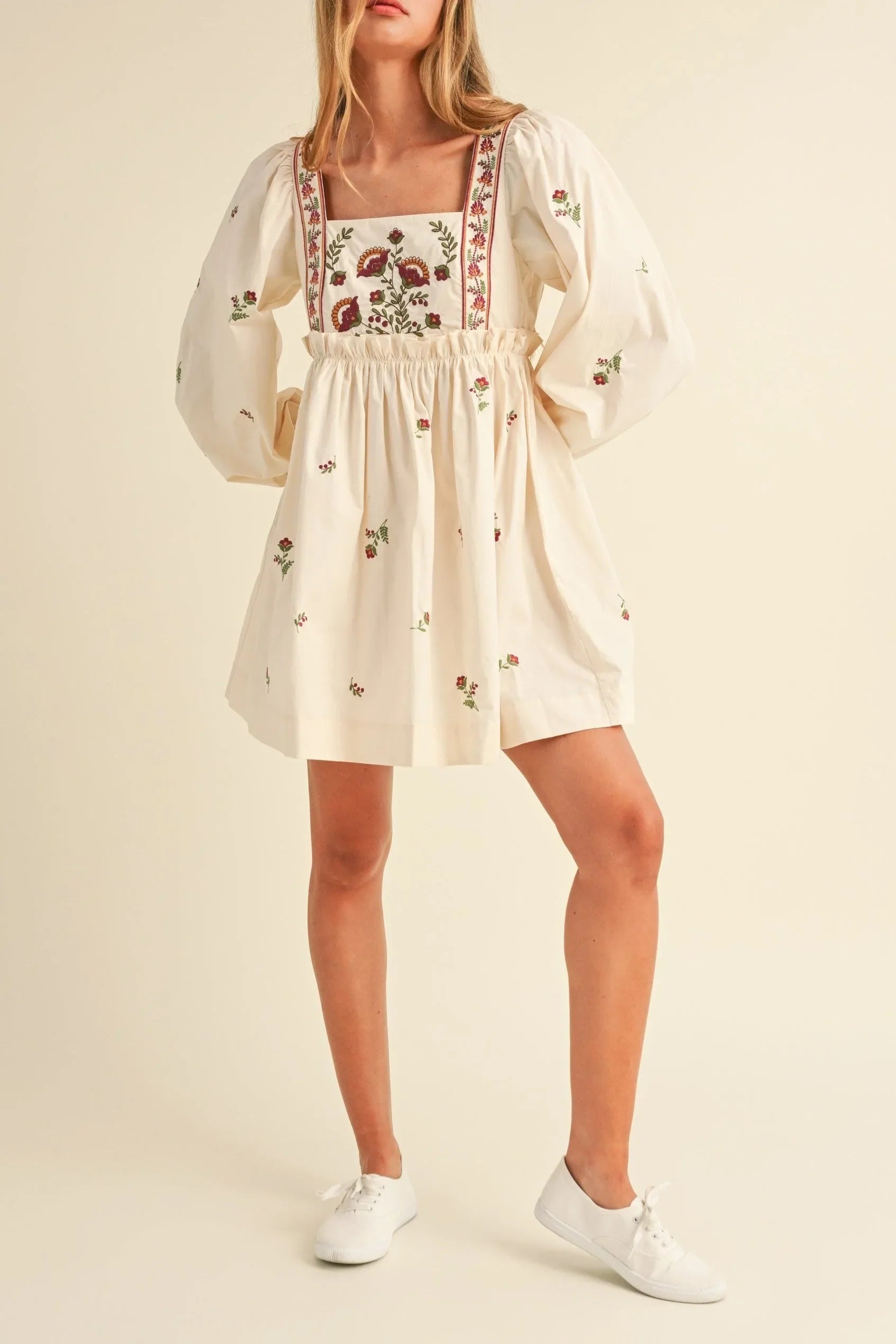 Floral Embroidered Long Sleeve Poplin Babydoll Mini Dress — Delicate Bloom Feminine Style - Mini Dresses