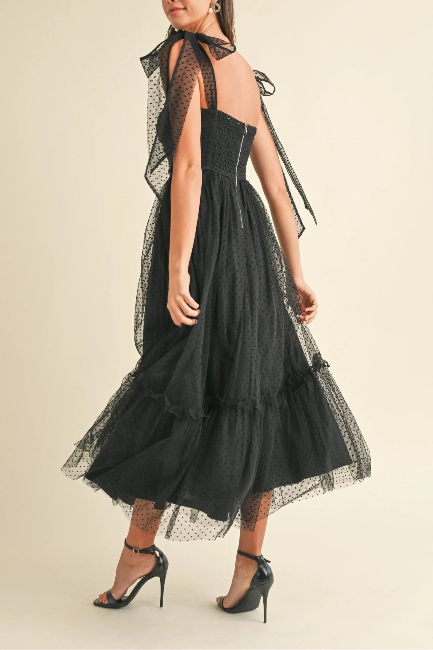 Polka Dot Mesh Sweetheart Neckline Self-Tie Shoulder Midi Dress — Charming Flirty Feminine Style - Midi Dresses