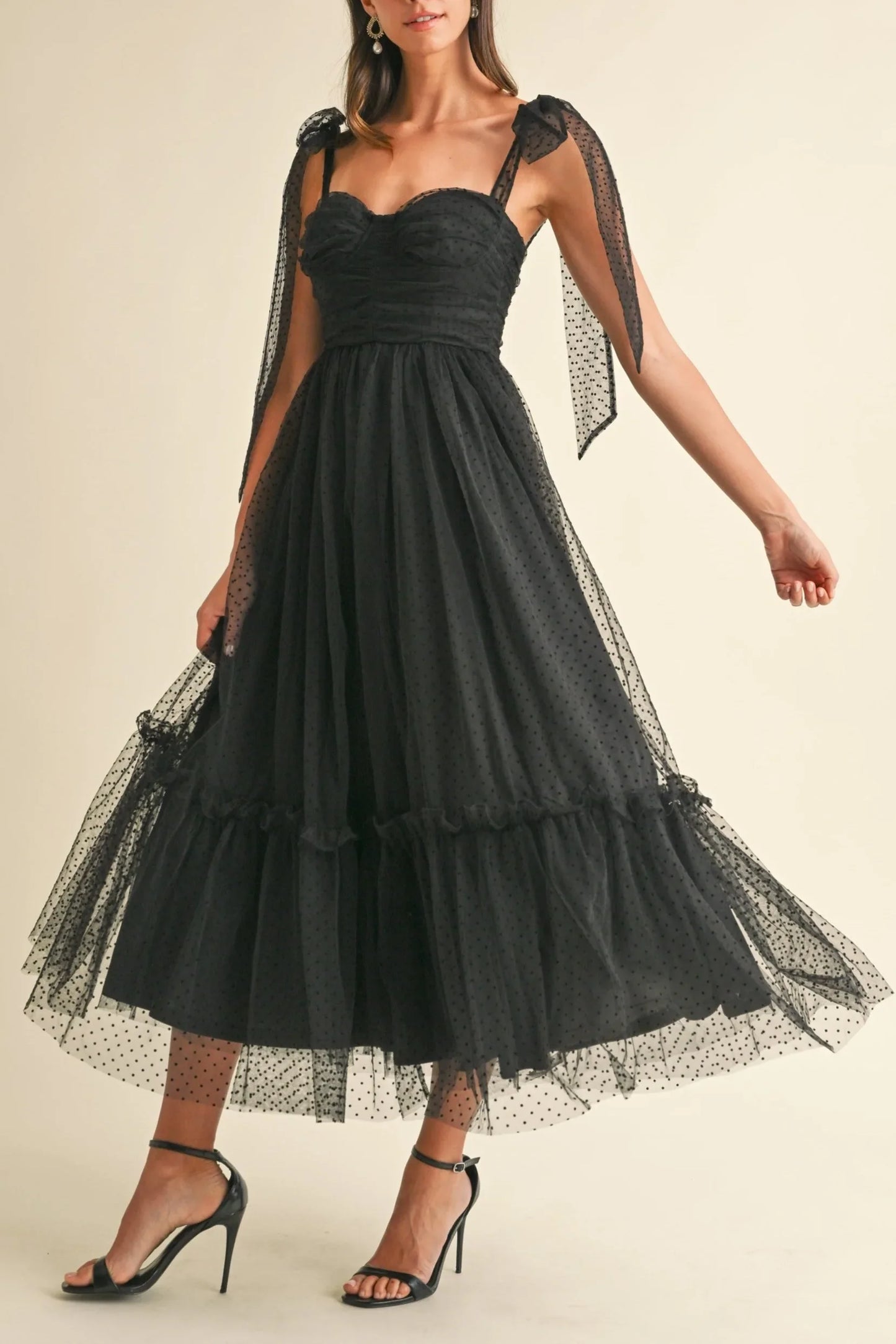 Polka Dot Mesh Sweetheart Neckline Self-Tie Shoulder Midi Dress — Charming Flirty Feminine Style - Midi Dresses