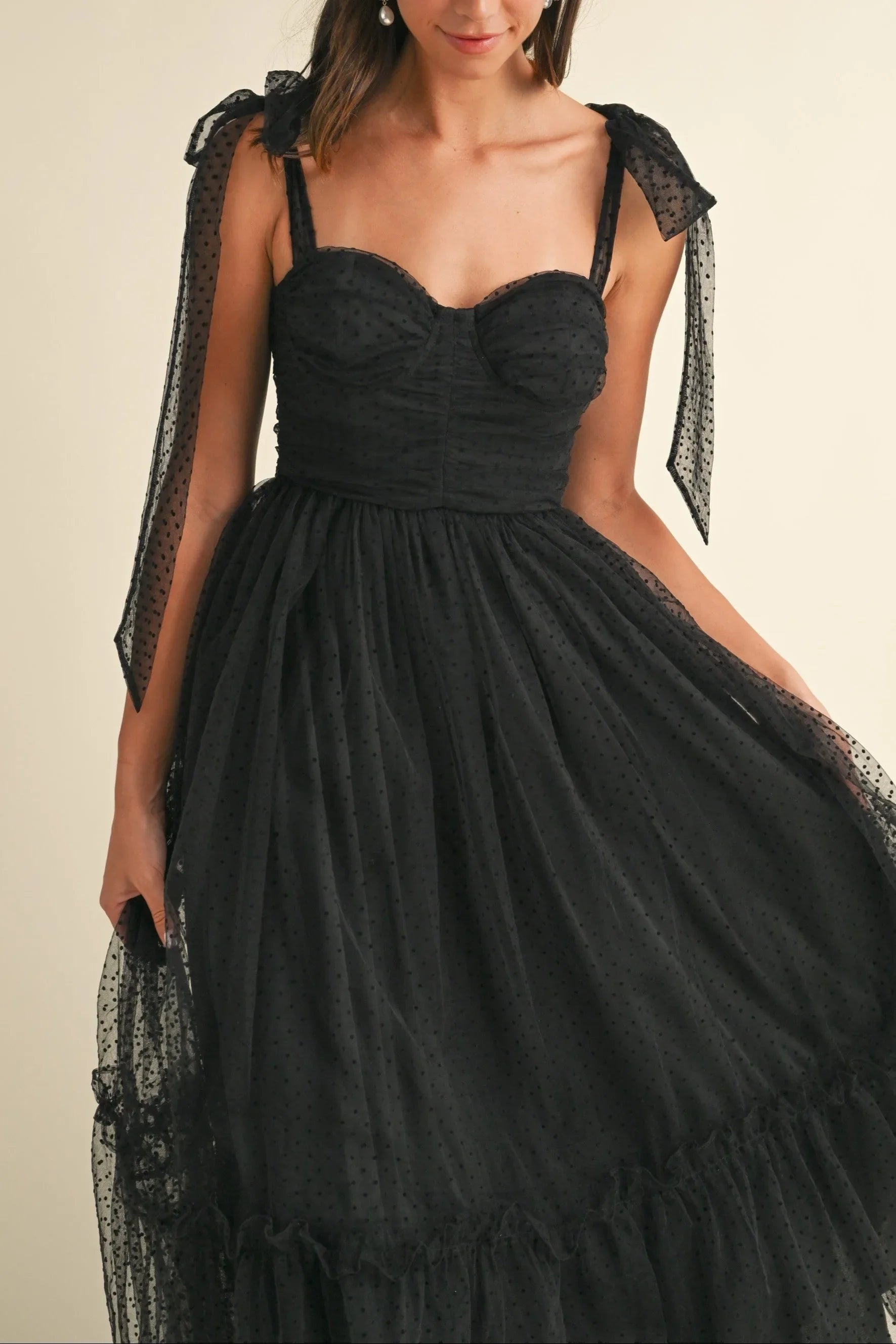 Polka Dot Mesh Sweetheart Neckline Self-Tie Shoulder Midi Dress — Charming Flirty Feminine Style - Midi Dresses