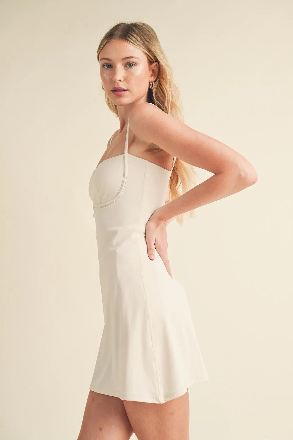 Lovely Sunday Built-In Bra Spaghetti Strap Active Mini Dress — Functional Flattering Everyday Style - White Mini Dresses