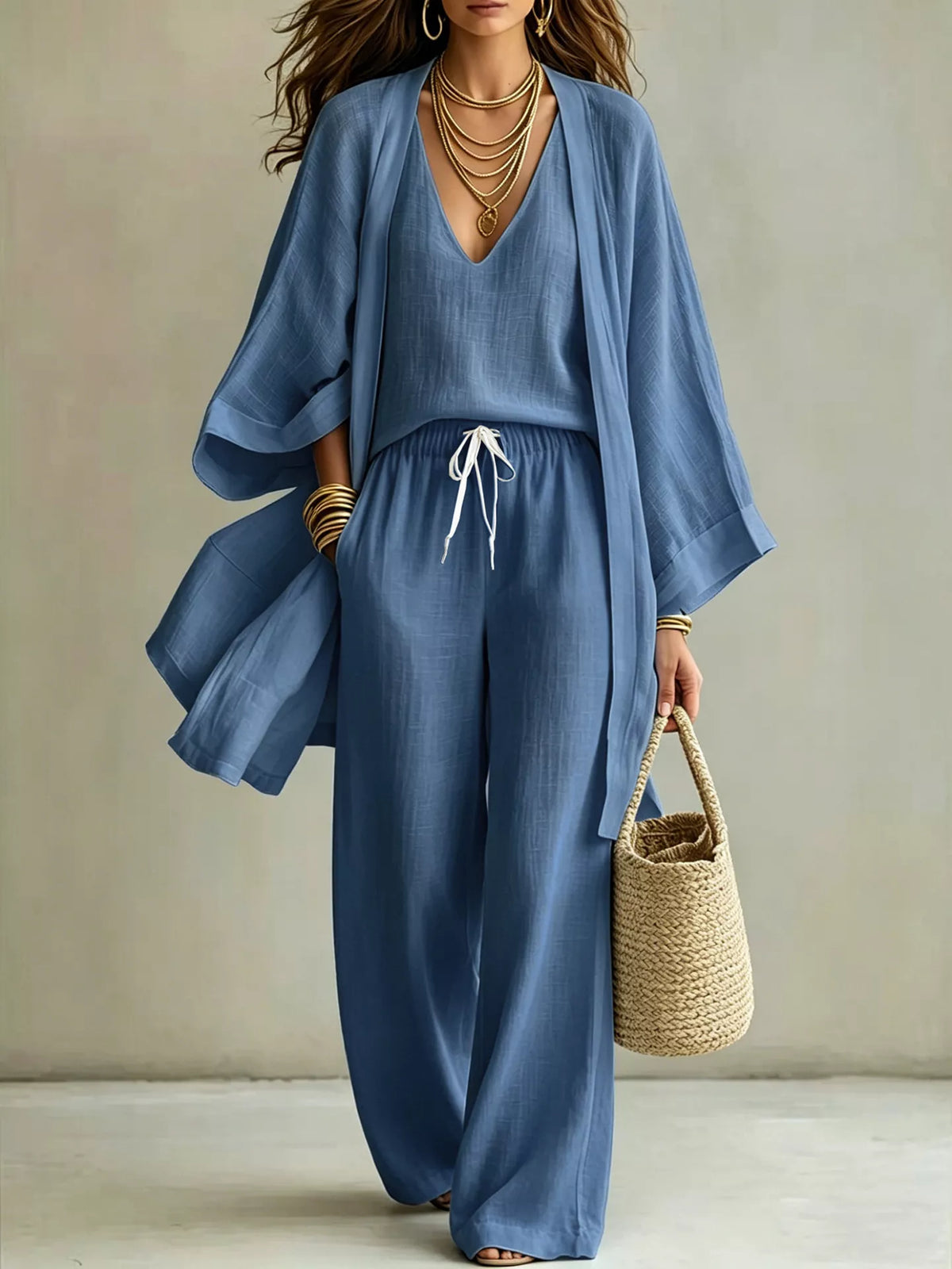 Three-Piece Lounge Set with V-Neck Top, Open Cardigan and Drawstring Pants Royal Blue