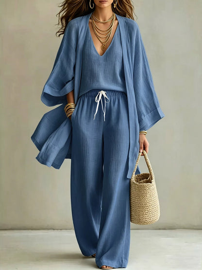 Three-Piece Lounge Set with V-Neck Top, Open Cardigan and Drawstring Pants Royal Blue