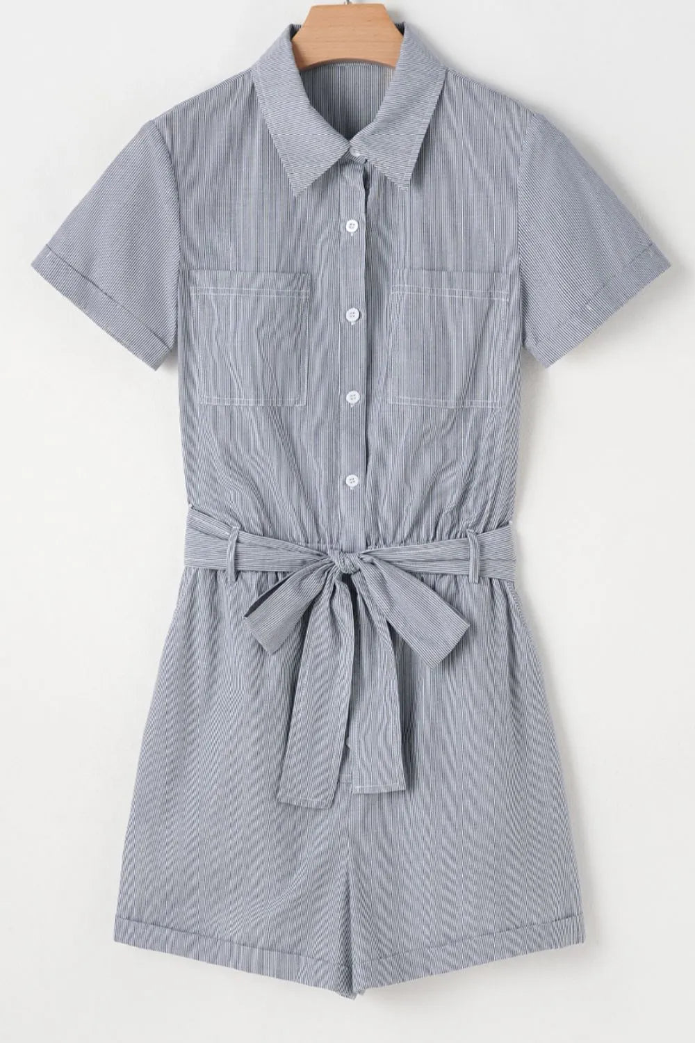Button Up Striped Romper with Front Pockets and Waist Tie - Rompers