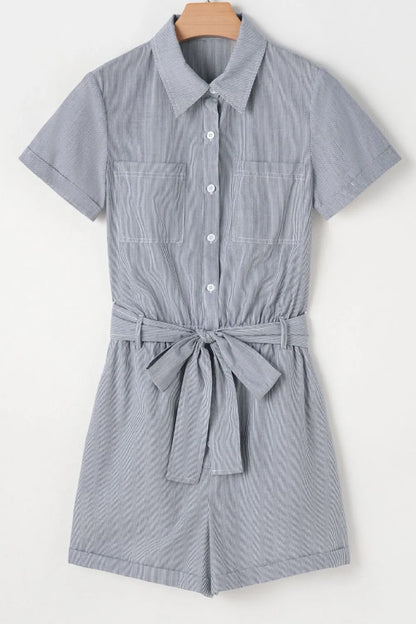 Button Up Striped Romper with Front Pockets and Waist Tie - Rompers