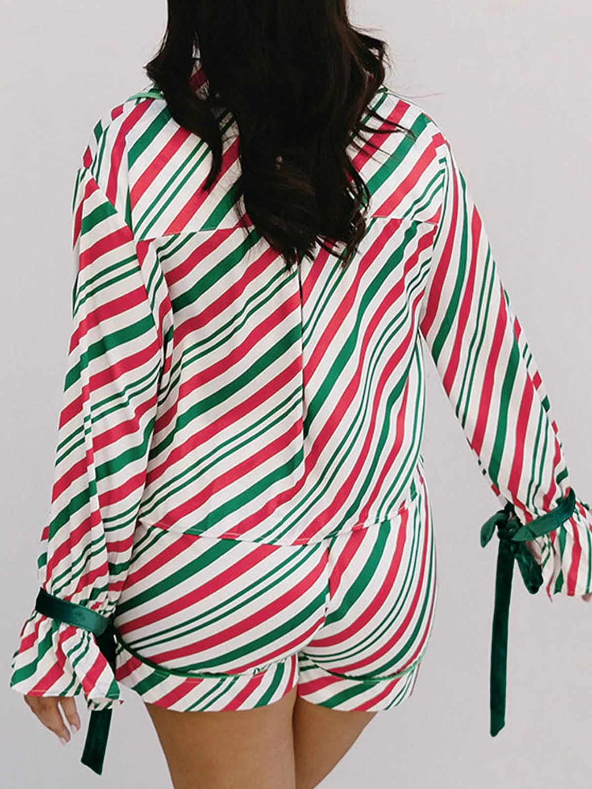 Striped Christmas Pajama Set with Velvet Ribbon Knots and Button-Front Top