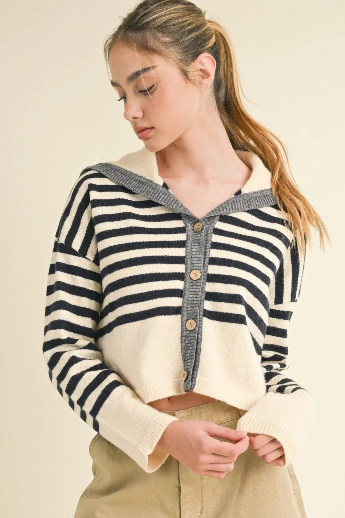 Sailor Collar Button Up Cardigan Multi