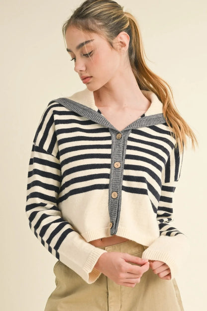 Sailor Collar Button Up Cardigan Multi