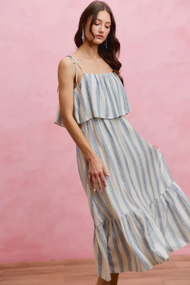 Women's Striped Tiered Shoulder Tie Midi Dress - Midi Dresses