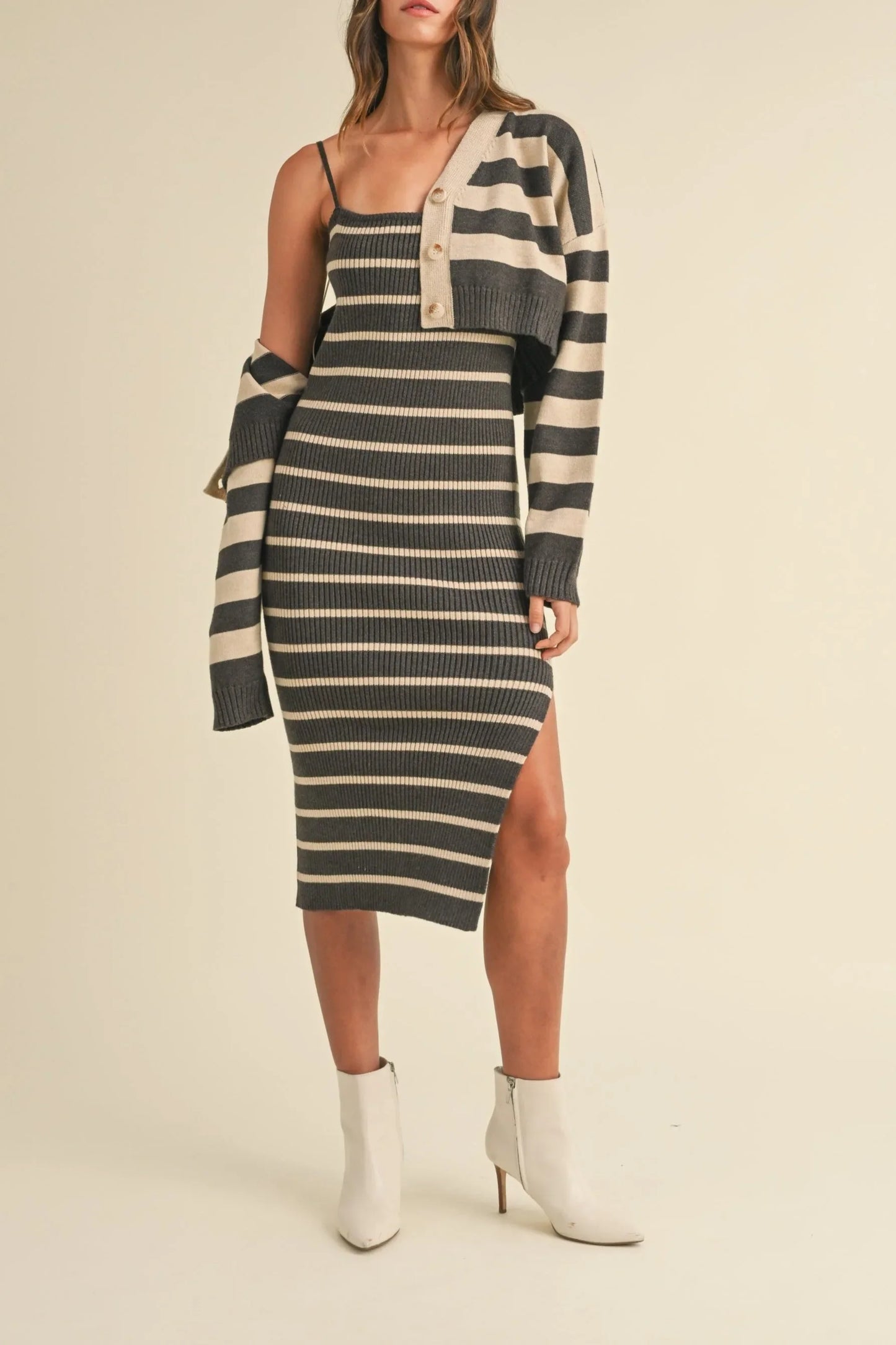 Bodycon Midi Dress & Crop Cardigan Two-Piece Outfit Set — Chic Polished Versatile Everyday Style - Outfit Sets