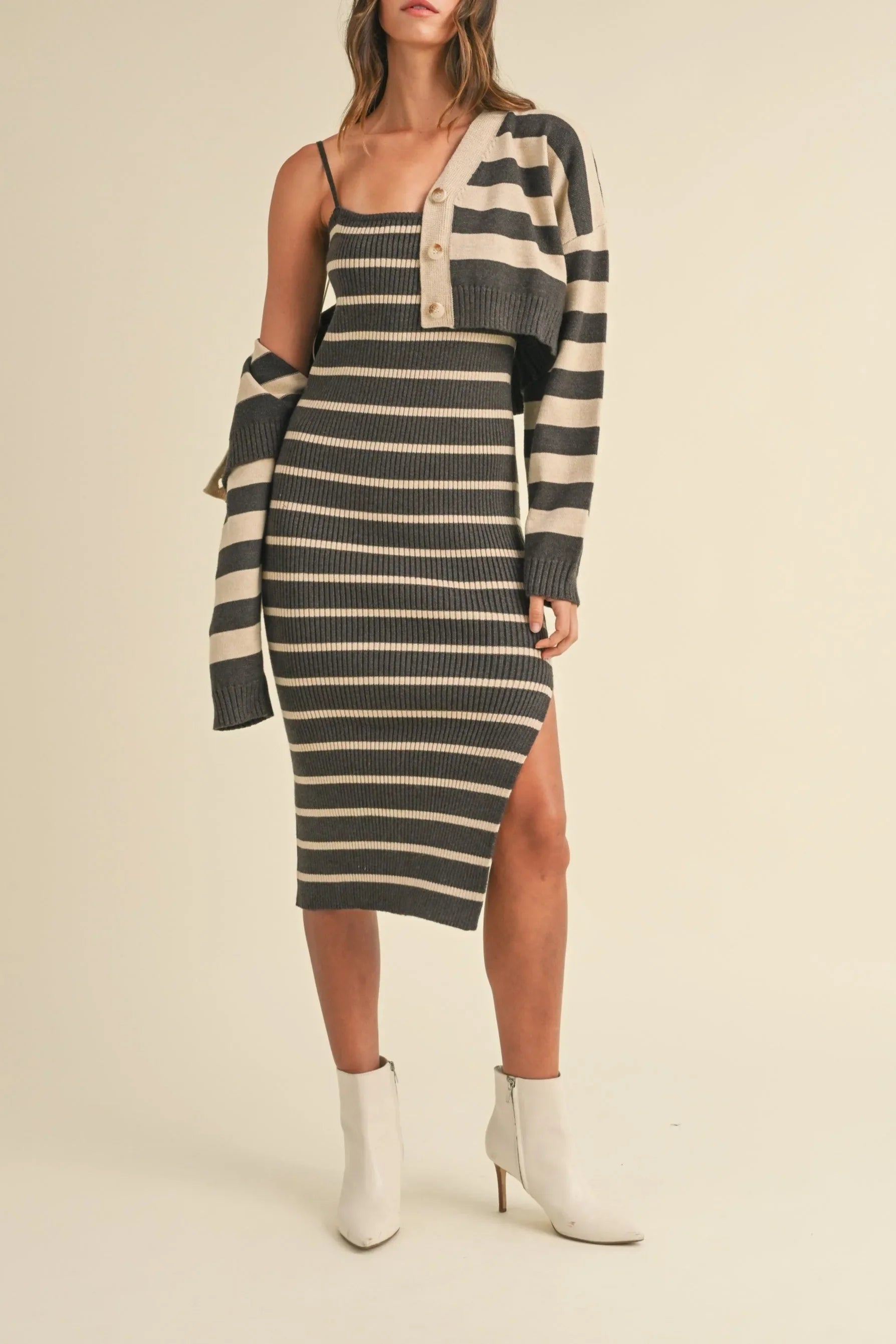 Bodycon Midi Dress & Crop Cardigan Two-Piece Outfit Set — Chic Polished Versatile Everyday Style - Outfit Sets