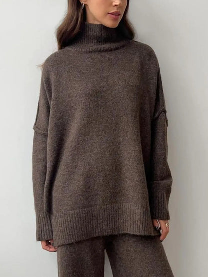 Long Sleeve Turtleneck Top with Slit and Pants Loungewear Set - Loungewear Sets