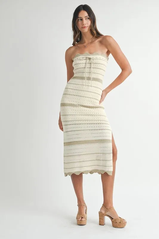 Contrast Striped Crochet Knit Midi Dress — Intricate Textured Flattering Everyday Style - Midi Dresses