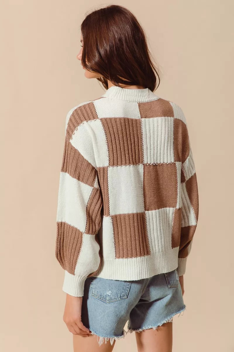 Ribbed Color Block Checkered Plaid Sweater - Sweaters