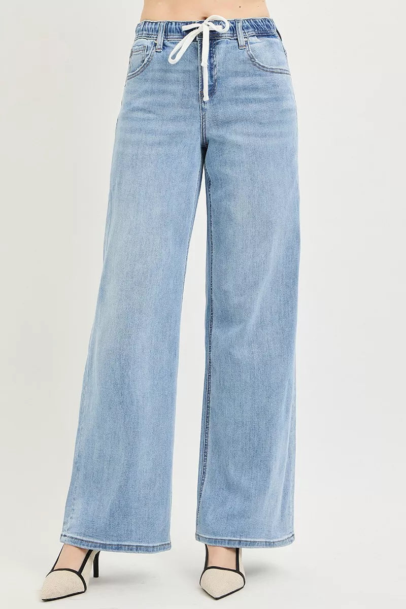 Elastic Waist Drawstring Slouchy Wide Leg Jeans — Relaxed Comfortable Casual Everyday Style - Light Jeans