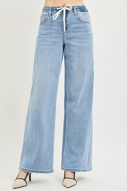 Elastic Waist Drawstring Slouchy Wide Leg Jeans — Relaxed Comfortable Casual Everyday Style - Light Jeans
