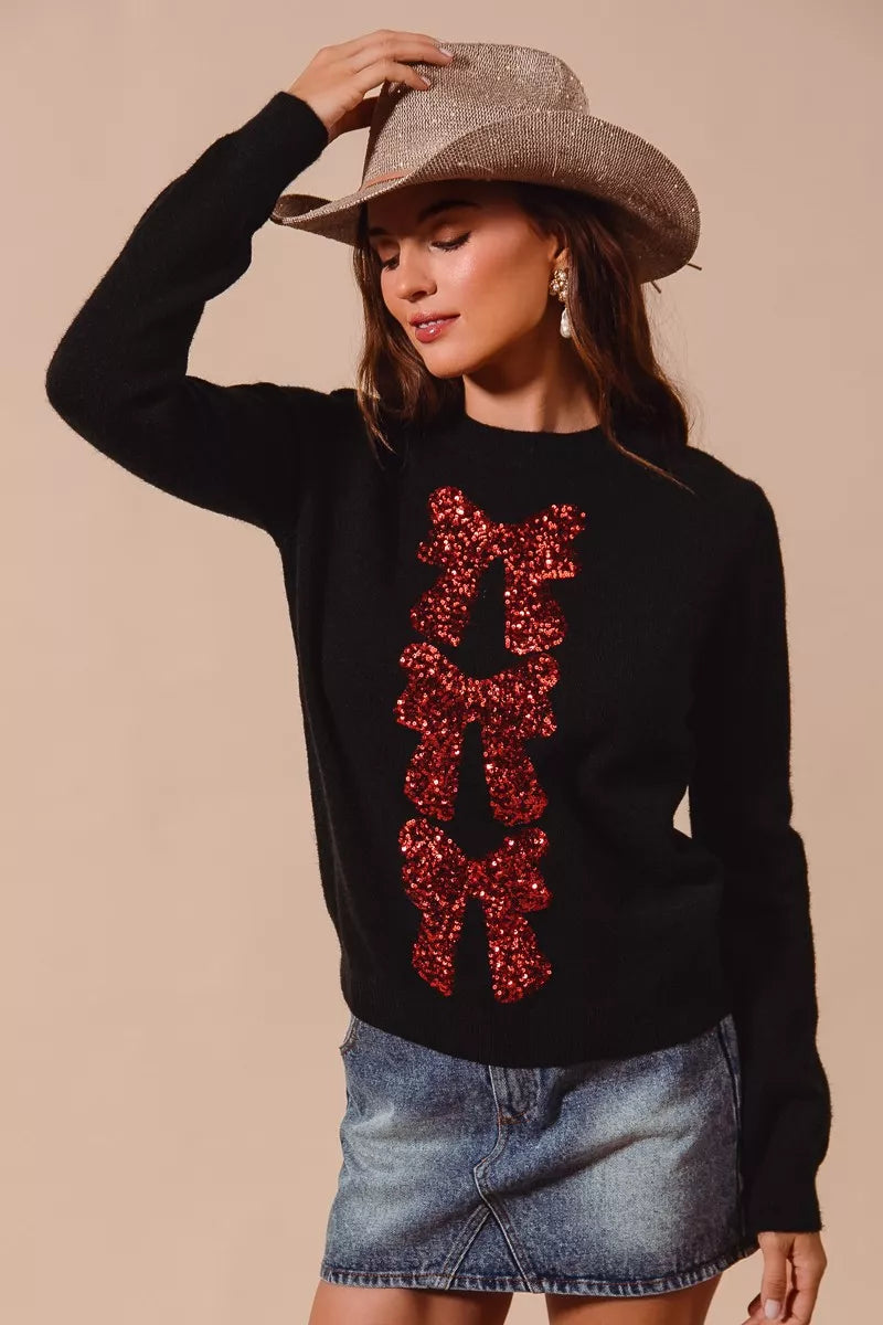 Bow Sequins Round Neck Long Sleeve Sweater in Black | Trendy Sweaters Outfit Idea for Women by Ro + Ivy | Elevated Basics, Modern Comfort & Style