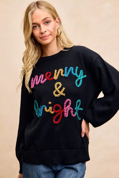 "Merry & Bright" Lettering Christmas Sweater | Trendy Sweaters Outfit Idea for Women by Ro + Ivy | Elevated Basics, Modern Comfort & Style