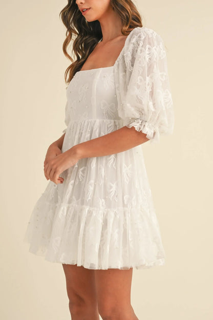 Jacquard Bow & Pearl Detail Mesh Dress - Dresses