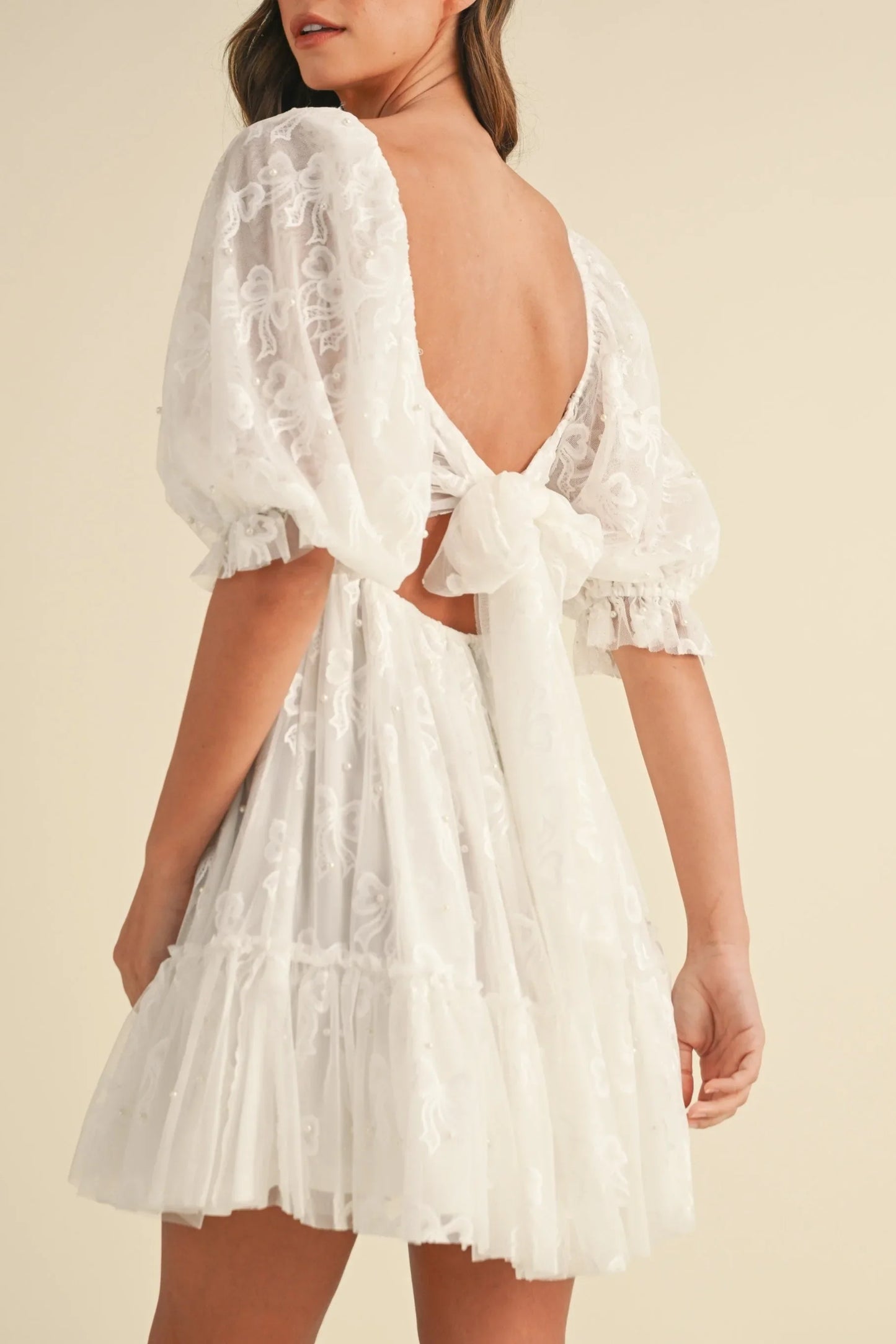 Jacquard Bow & Pearl Detail Mesh Dress - Dresses