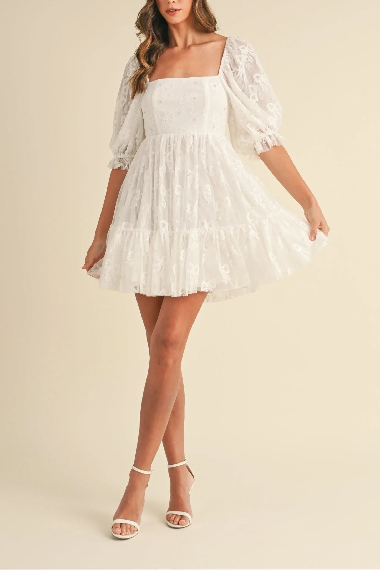 Jacquard Bow & Pearl Detail Mesh Dress - Dresses