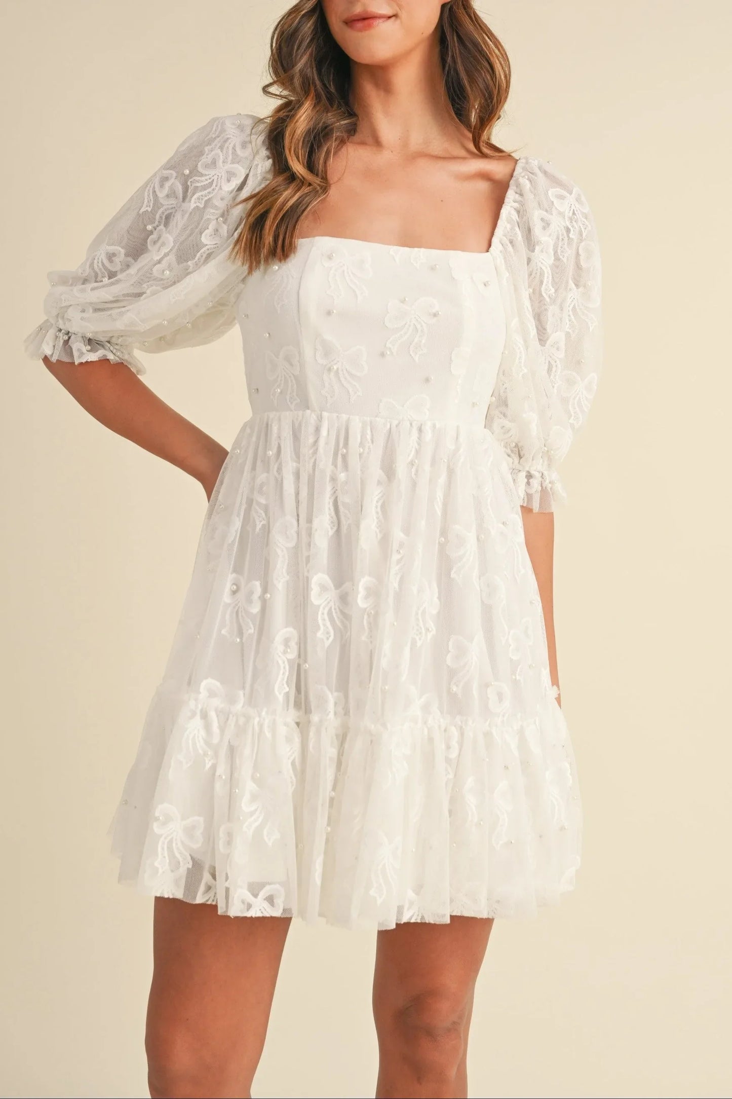 Jacquard Bow & Pearl Detail Mesh Dress - Dresses