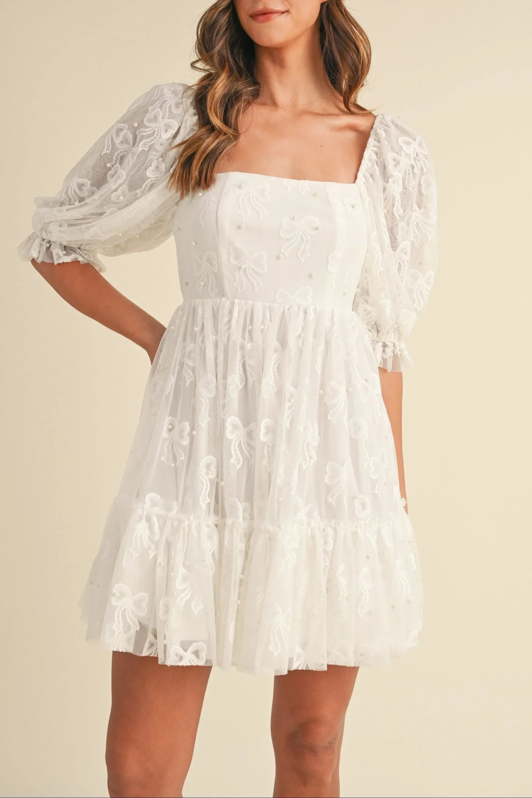 Jacquard Bow & Pearl Detail Mesh Dress - Dresses