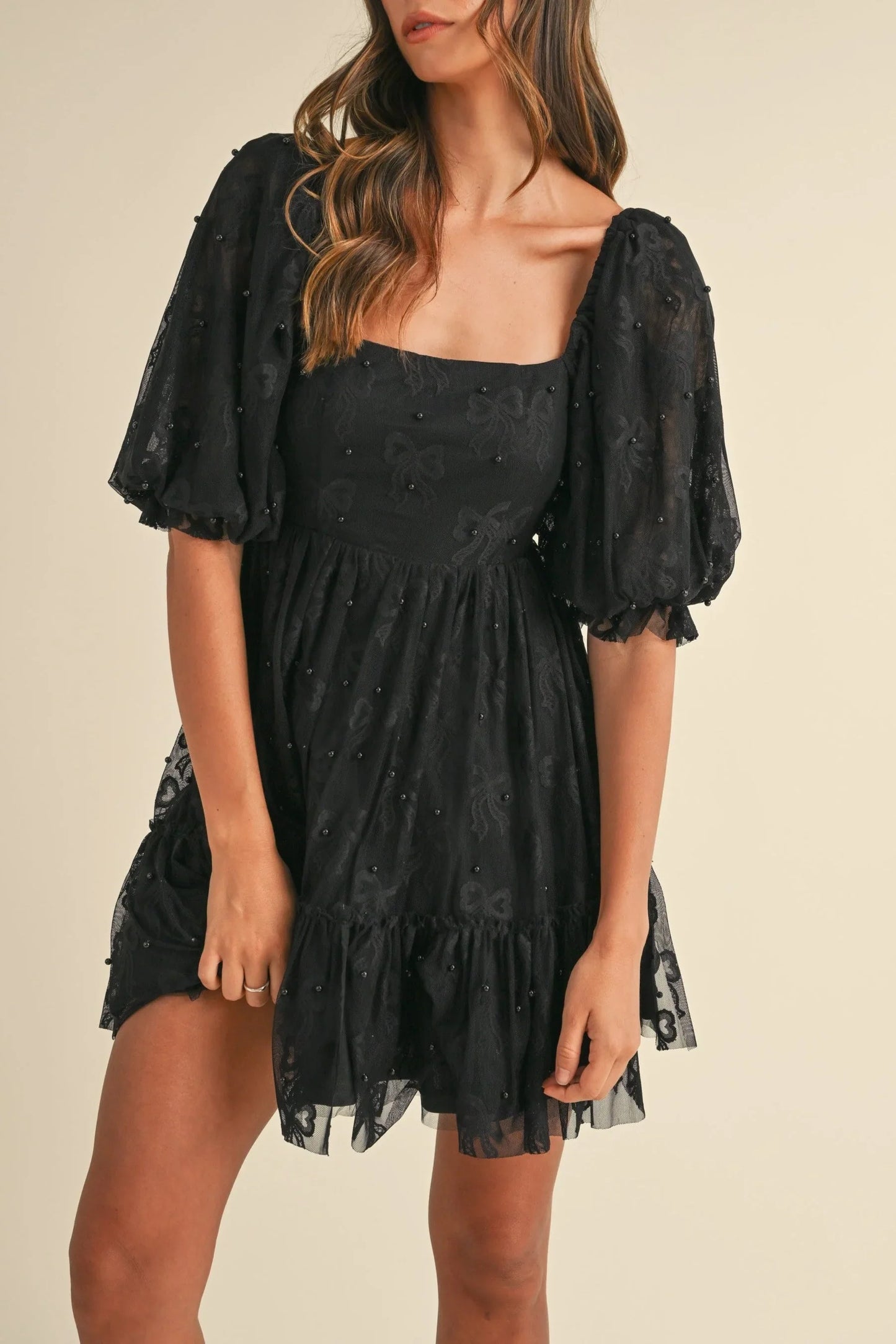 Jacquard Bow & Pearl Detail Mesh Dress - Dresses