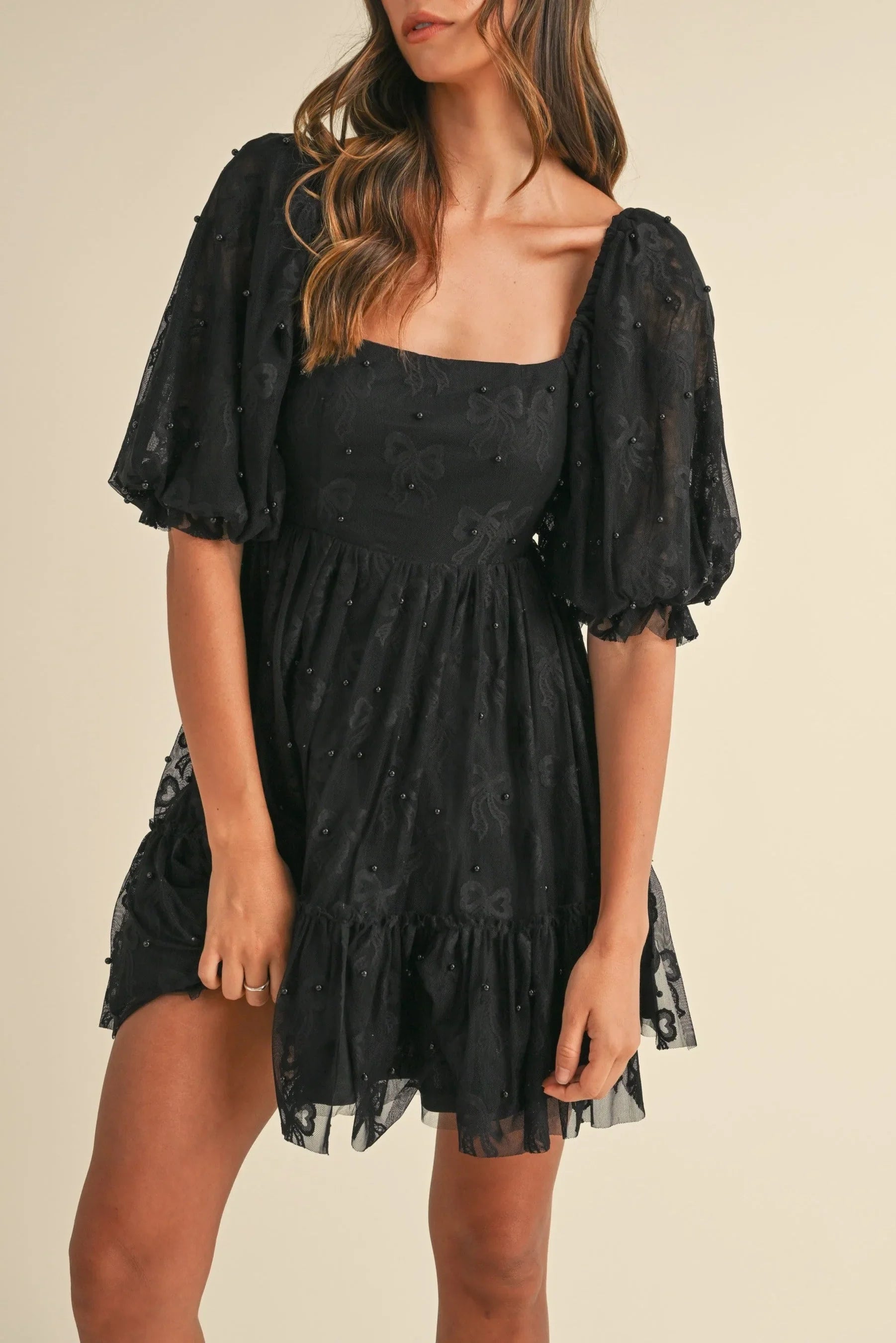 Jacquard Bow & Pearl Detail Mesh Dress - Dresses
