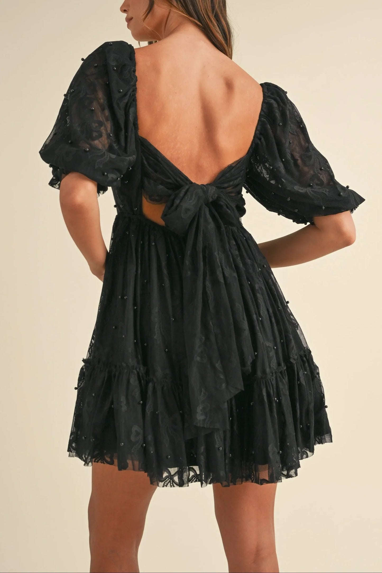Jacquard Bow & Pearl Detail Mesh Dress - Dresses